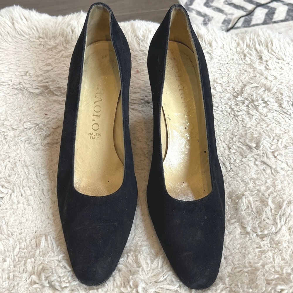 Paolo Black Suede Pumps Made in Italy Almond Toe Kitten Heel Womens Size 8.5 M
